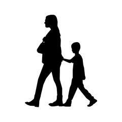 Walking mother and child sihouette illustration (side view)