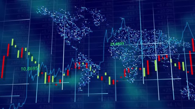 Covid-19 hi-tech background for business. Diagrams, graphs and tables - virus appears and markets go down. World map behind. Flying digits and lines. 3D rendering.