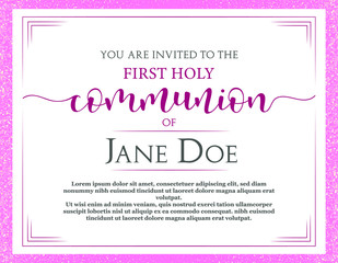 Invitation with beautiful lettering. Template in Vector a ceremony for Holy Communion. Pink flyer. 
