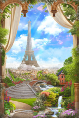 Beautiful view of Paris and the Eiffel Tower from the flower arch with waterfalls. Digital collage , mural and fresco. Wallpaper. Poster design. Modular panno.