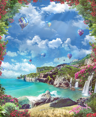 Italian coast with balloons, waterfalls and red flowers. Digital collage , mural and fresco. Wallpaper. Poster design. Modular panno.