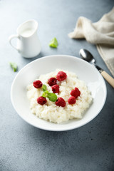 Homemade rice pudding with fresh raspberry