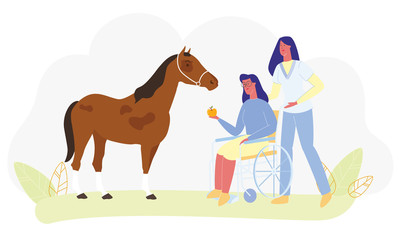 Cartoon Woman Sit in Wheelchair, Feed Horse, Medical Nurse Assist Vector Illustration. Animal Farm Rehab, Rehabilitation Center, Physically Disabled Treatment, Handicapped Person Support