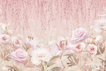 Collage of roses and lilies with dots on a stone texture.Digital collage , mural and fresco. Wallpaper. Poster design.