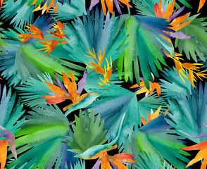 Fototapeta na wymiar Tropical seamless pattern with tropical flowers, banana leaves. Round palm leaves, watercolor painted 