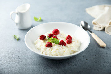 Homemade rice pudding with fresh raspberry