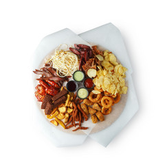 The restaurant's menu dish, a delicious snack for beer. Restaurant serving of the dish. A look from above