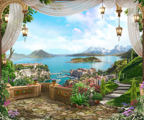View from the balcony on the coast of Italy with white curtains, lanterns and a beautiful garden. Digital fresco. Wallpaper.