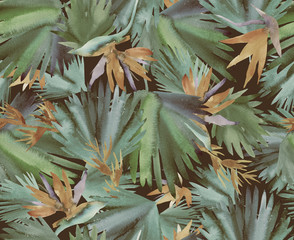 Obraz premium Tropical seamless pattern with tropical flowers, banana leaves. Round palm leaves, watercolor painted 