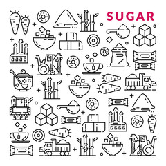 Sugar production, growing and processing. Linear icons