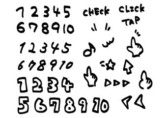 手描き　数字とクリック　タップ　クリック　カーソルと指セット