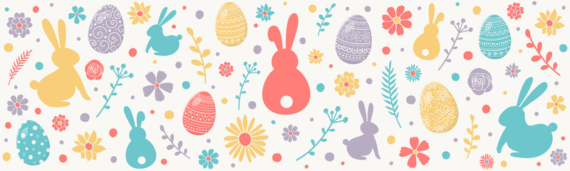 Easter composition with cartoon bunnies, eggs and flowers. Banner. Vector