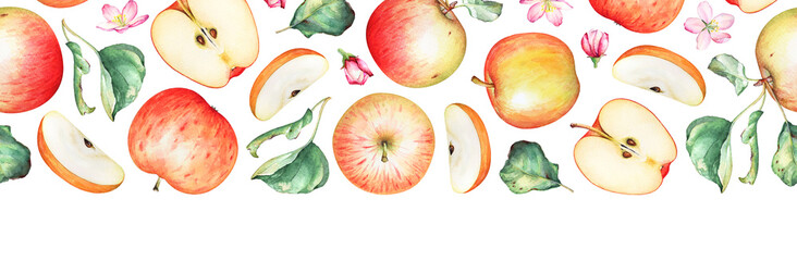 Seamless pattern with watercolor red apples, leaves and flowers