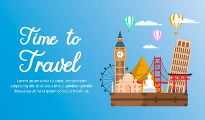 World Tour, Vacation Flat Color Horizontal Banner. Time to Travel Calligraphy. Vintage Suitcase on Famous Landmarks Background. Tourist Attractions Vector Drawing. Big Ben, Torii Gate, Pyramids