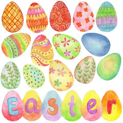 set of watercolor drawings, easter eggs, isolate on a white background, for holiday design