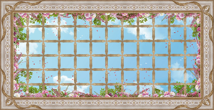Beautiful ceiling with gold patterns and stucco molding in the Roman style. Digital collage , mural and fresco. Wallpaper. Poster design. Modular panno.