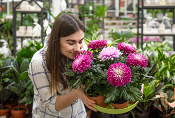 Beautiful young woman in a flower shop and choosing flowers.