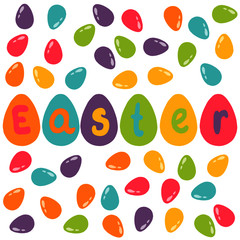 festive background in bright colors, Easter patterned eggs, greeting card