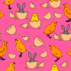 Vector seamless pattern, easter background, Funny yellow birds, wallpaper ornament, wrapping paper