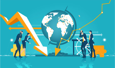 Economy crisis. Stock market collapse. Business people standing next to globe. Business concept illustration
