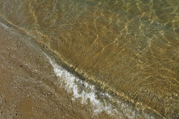 Soft focus of the waves beat at the beach with shell fragments with sunlight in summer time. Nature background concept.