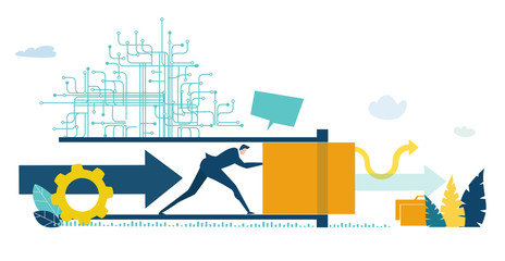 Business man trying to push a cork out of end of a tube or a tunnel in order to get out. 