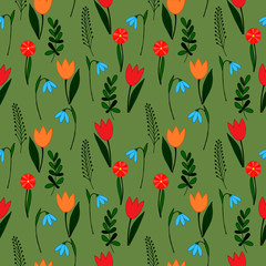 seamless pattern with flowers in simple style, vector illustration, for design of cards, cards and invitations, wallpaper ornament, wrap paper, scrapbooking