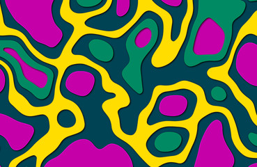  Paper cutout background. 3D layered objects. Design for branding, advertising for presentations, flyers, posters and invitations. Colors: dark pink, green, dark green, yellow.