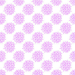 Pink folk floral seamless pattern. Hand drawing vector illustration. Flowers and leaves doodles.