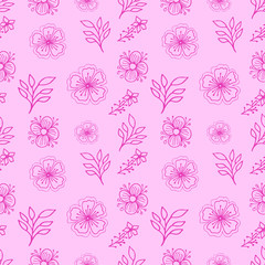 Pink folk floral seamless pattern. Hand drawing vector illustration. Flowers and leaves doodles.