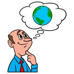 Thinking about Climate Change - A cartoon illustration of a man thinking about the effects of Climate Change.