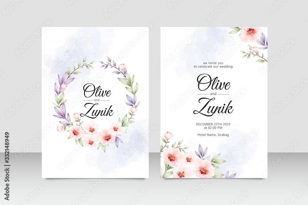 Wall mural Wedding card set template with flower and leaves watercolor