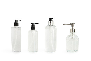 Bottle of hand sanitizer gel to wash hands for flu virus prevention, alcohol hand gel, isolated on white background.