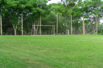 Soccer practice field in a club in southern Brazil and the goalkeeper's post
