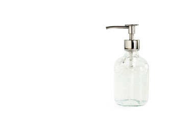 reusable bottle of hand sanitizer gel to wash hands for flu virus prevention, alcohol hand gel, isolate on white background