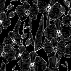 seamless pattern, orchids in black and white, wallpaper ornament, wrapping paper, background for different design
