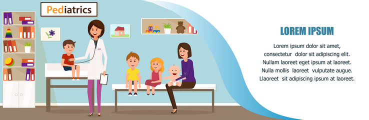 Children Examination by Pediatrician at Hospital Flat Cartoon Vector Illustration. Pediatric Department in Clinic. Woman Examining Boy with Stethoscope. Children Sitting in Queue with Mother.
