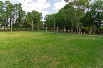 Soccer practice field in a club in southern Brazil and the goalkeeper's post