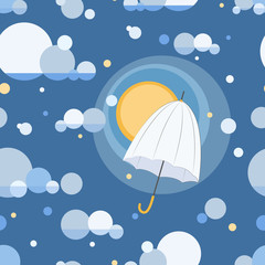 Cloudy sky, umbrella, blue background. Vector pattern. Seamless pattern with white umbrella on blue. Design for baby textiles. Seasonal themed background.