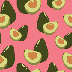 healthy food. seamless avocado pattern on pink background for textiles, prints, greeting cards, clothes, banner, wallpaper.