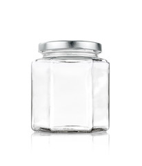 blank packaging transparent glass bottle with silver stainless cap isolated on white background