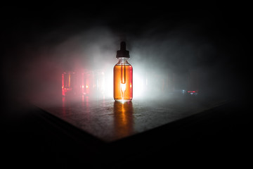 Smoke clouds and vape liquid bottles on dark background. Light effects. Useful as background or...