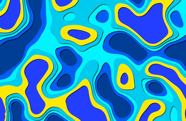  Paper cutout background. Water. 3D layered objects. Design for branding, advertising for presentations, flyers, posters and invitations. Colors: turquoise, ultramarine, blue, yellow.