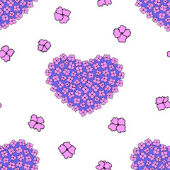 Seamless pattern with hearts and pink flowers in doodle style on white background. Hand drawn vector illustration. Illustration of love and Valentine's day.  