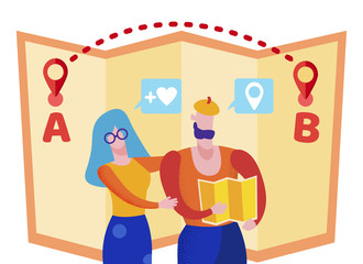 Bright Flyer Travel Route on Map Cartoon Flat. Man and Woman View Large Map. Advertising Banner Identification and Compilation Tourist Route or Hike to Attractions Cartoon. Vector Illustration.