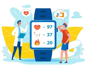 Doctor Check Sportsman Health Indicators on Smart Watch after Jogging. Electronic Fitness Bracelet with Pedometer, Heart Rate and Burned Calories Measurement. Man Ask for Pills. Vector Illustration