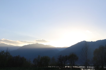 mountain, landscape, sky, light, sun
