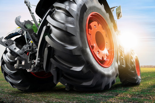 Bottom view of tractor. Close up of wheels