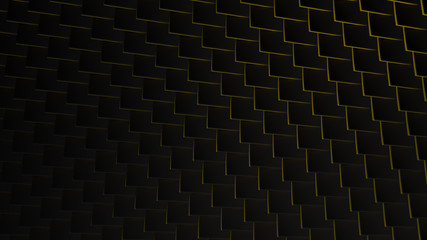 Dark gold scales background. Consists of squares with gold painted edges. Black dark cubic abstract background with a bend, surface 3d Rendering. Wall of black and golden cubes. 3d illustration