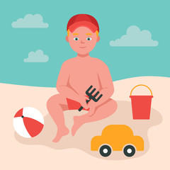 Little boy plays in the sand by the sea, holds a toy rake in her hands. A child in a cap, toys, a bucket, a ball, a machine. Summer fun. Flat vector illustration.